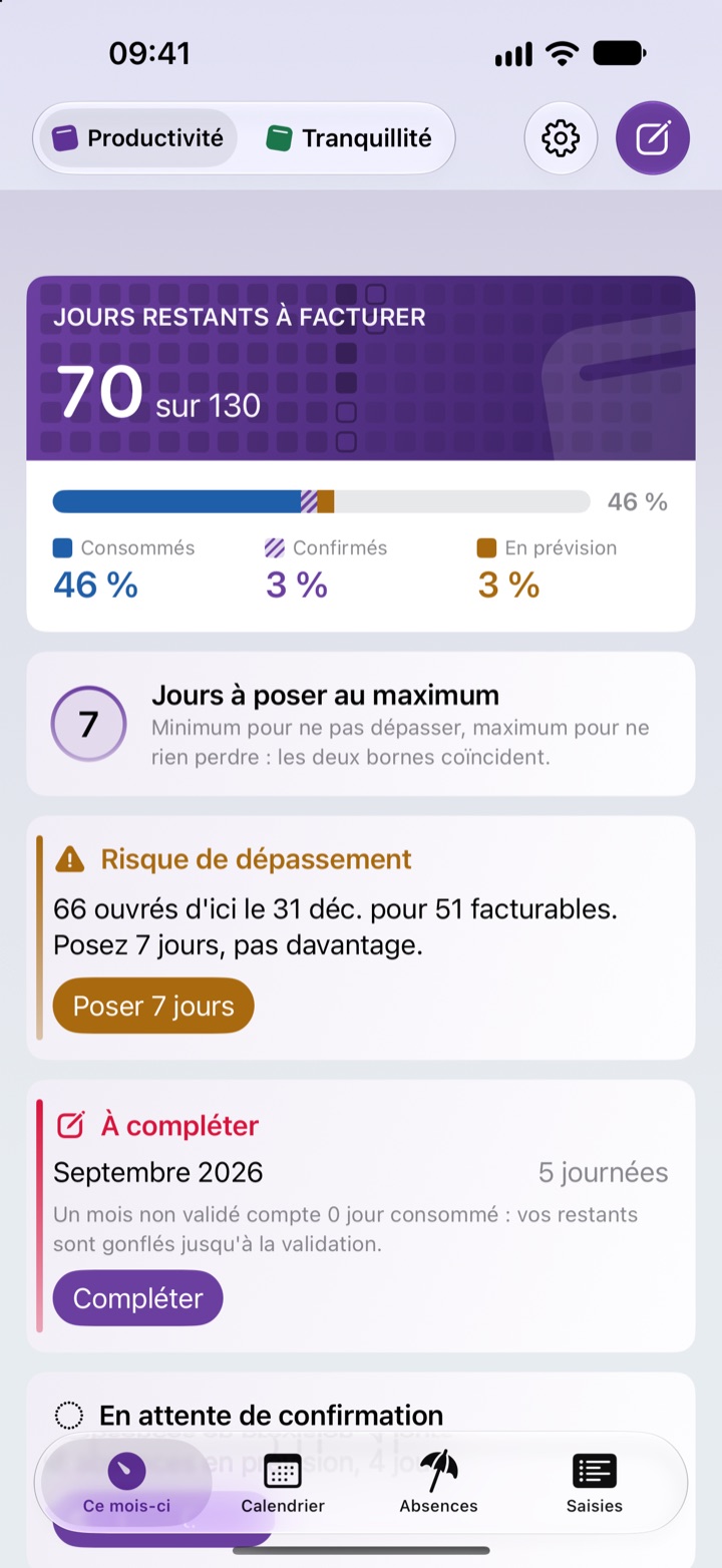 Écran « Ce mois-ci » d'un consultant, en violet : sélecteur Productivité / Tranquillité et bouton de saisie violet en haut, 70 jours restants à facturer sur 130, jauge des jours consommés, confirmés et en prévision, alerte « Risque de dépassement ».