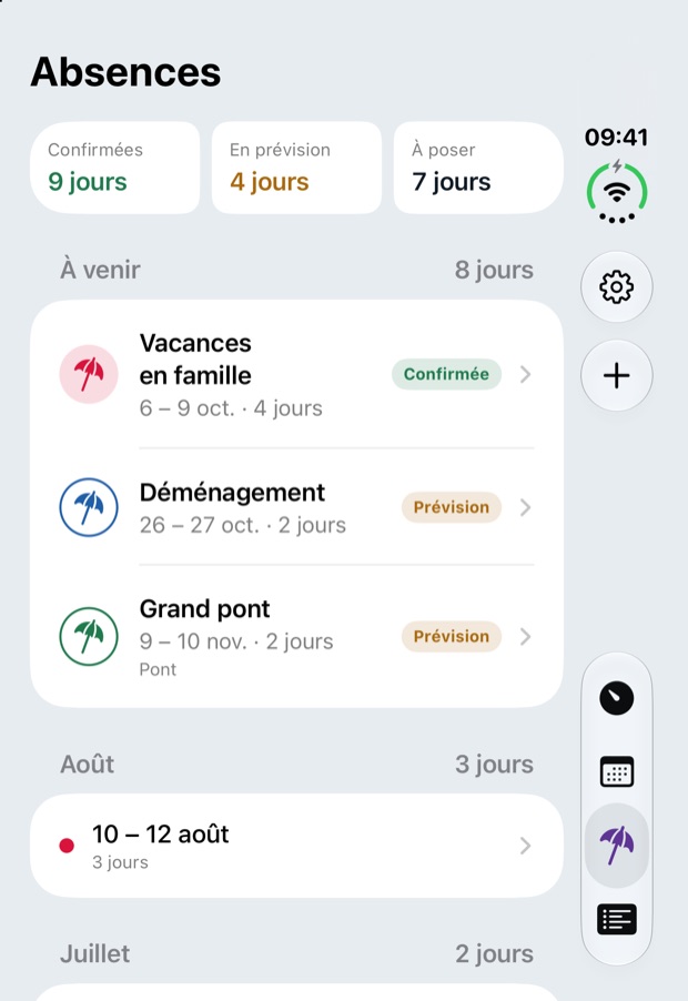 Dayzzly sur iPhone Duo plié, écran « Absences » : la liste des absences à côté de la barre d'onglets verticale.