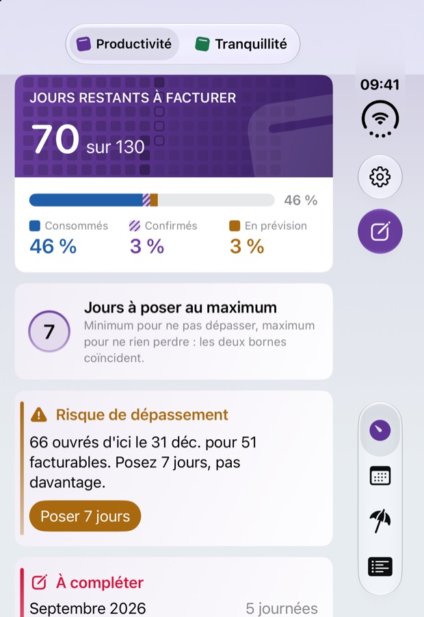 Dayzzly sur iPhone Duo plié, écran « Ce mois-ci » : la barre d'onglets verticale sur le bord droit, sous l'heure, le bouton des réglages et le bouton de saisie violet.