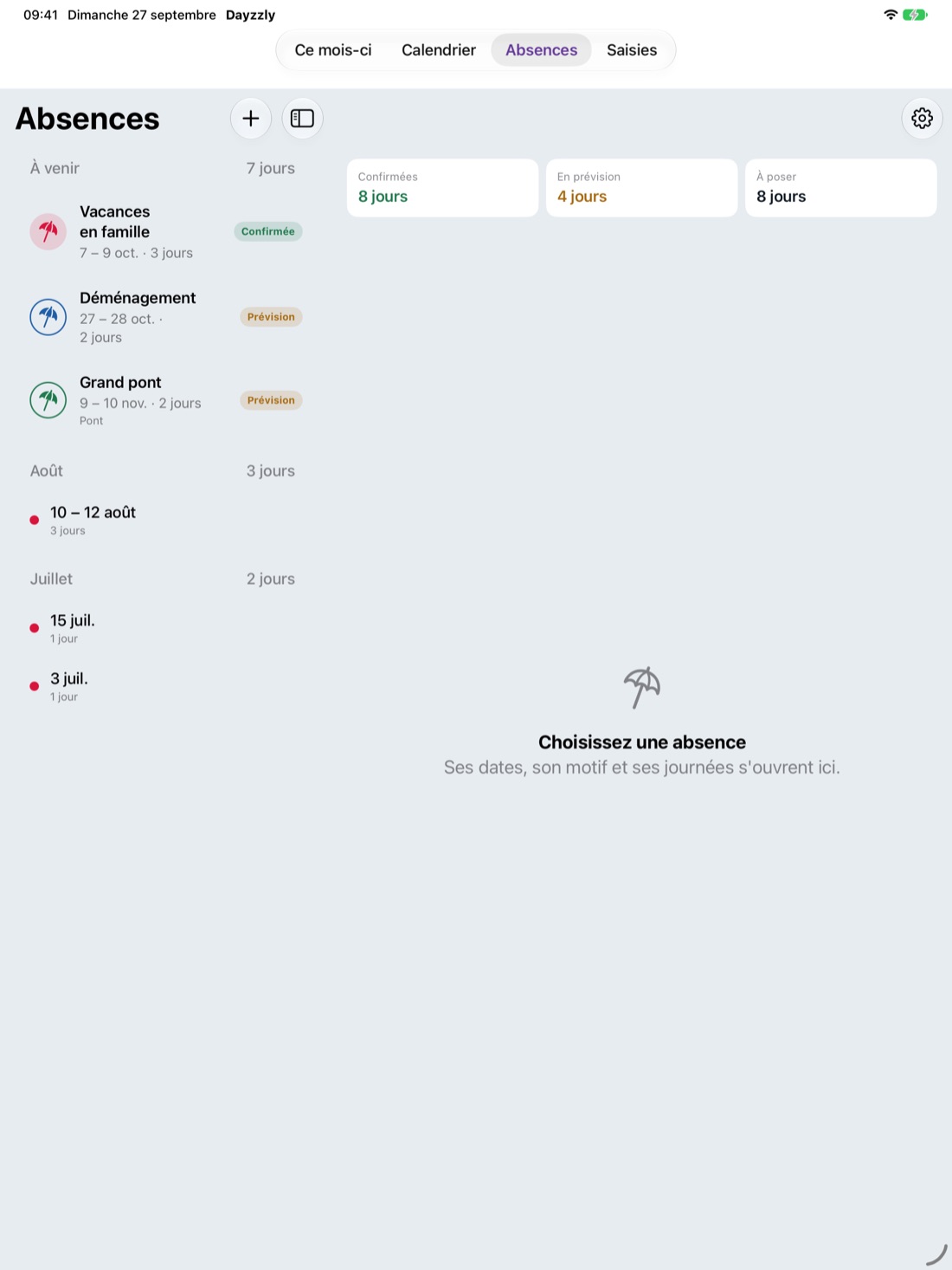 Dayzzly sur iPad, écran « Absences » sur deux colonnes : la liste à gauche, et à droite les soldes confirmées, en prévision et à poser en attendant qu'une absence soit choisie.
