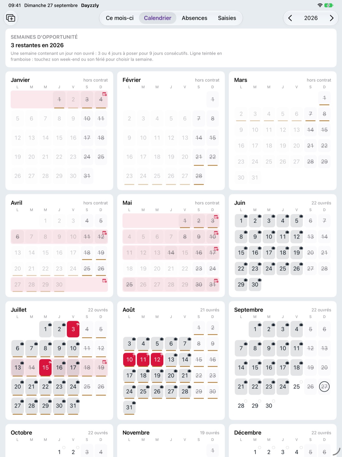 Dayzzly sur iPad, calendrier 2026 : les douze mois visibles d'un seul regard, trois par rangée, avec les journées travaillées, les absences et les semaines d'opportunité ; en haut à gauche, le bouton qui ouvre l'année dans sa propre fenêtre.