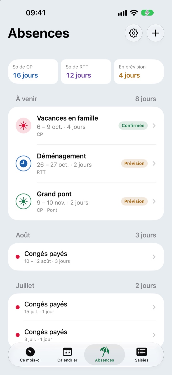 Liste des absences : soldes CP et RTT, 4 jours en prévision, puis « Vacances en famille » confirmée, « Déménagement » et « Grand pont » en prévision.