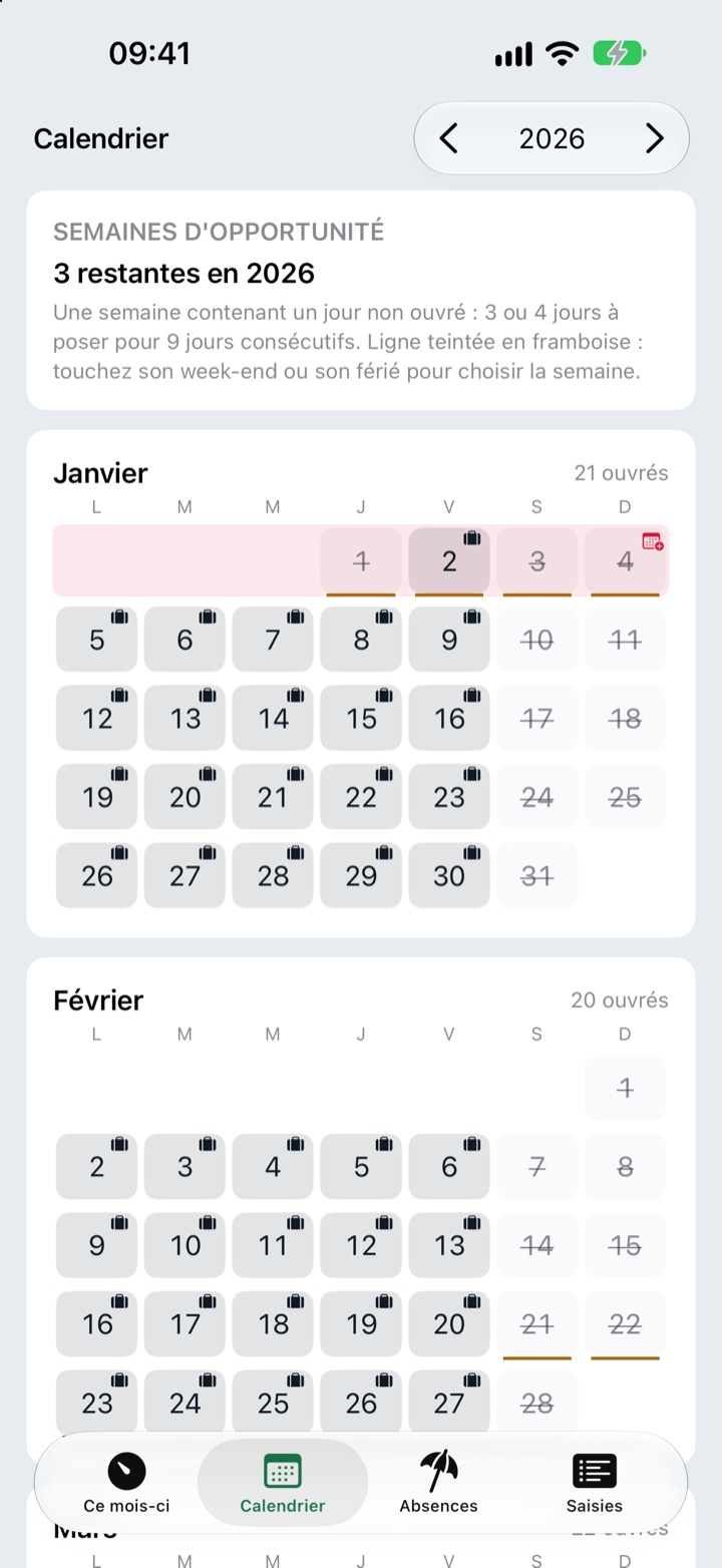 Calendrier annuel 2026 : carte « Semaines d'opportunité, 3 restantes en 2026 », puis les mois de janvier et février avec l'état de chaque journée.