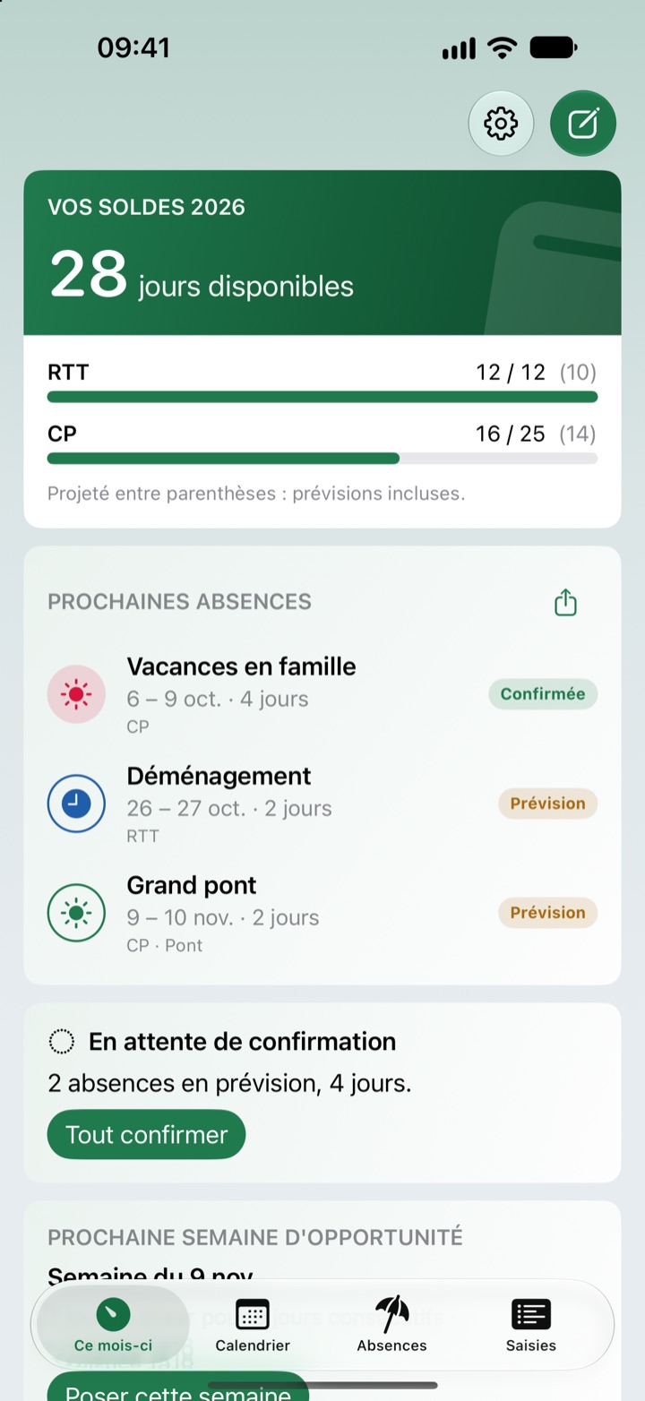 Écran « Ce mois-ci » d'un salarié, en vert : bouton pour poser une absence en haut, 28 jours disponibles, soldes de RTT et de congés payés, prochaines absences confirmées ou en prévision.